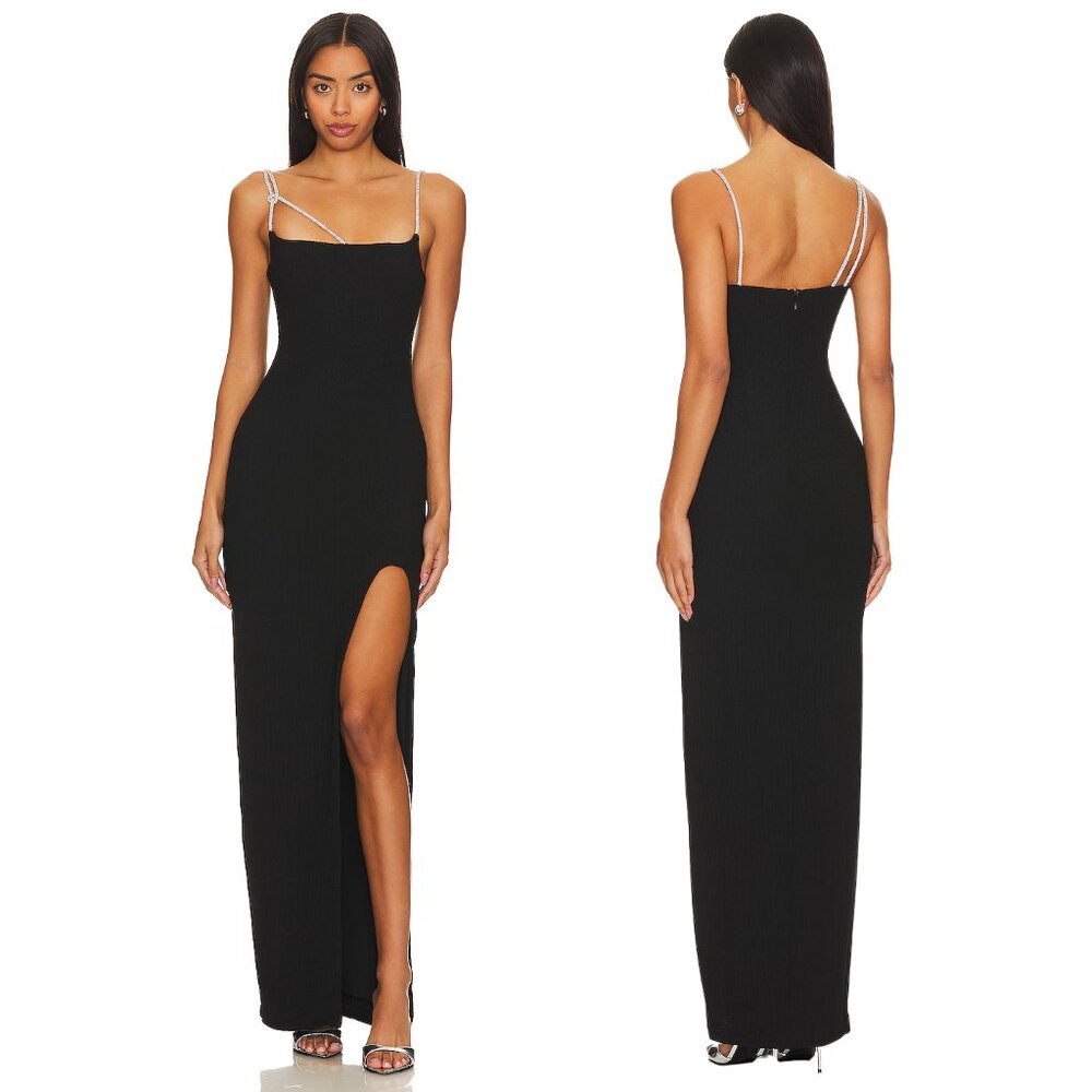 NBD Evelyn Maxi Dress Black Crystal Strap Gown | Size M | NWT